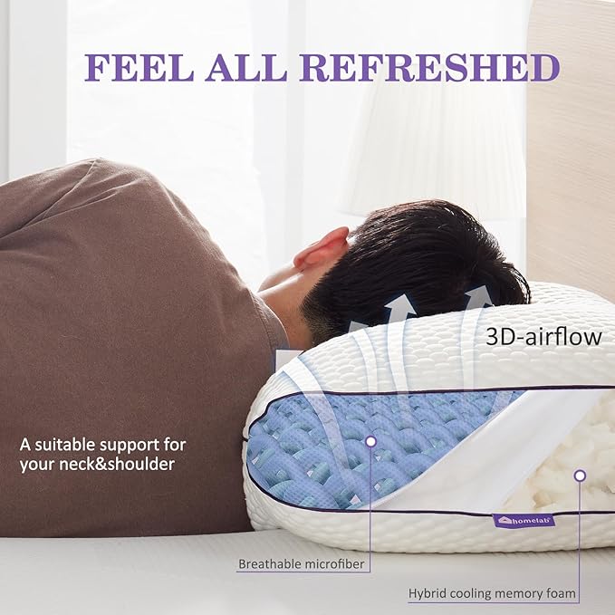 HOMELAB Adjustable Shredded Memory Foam Body Pillow, Cooling Bed Pillow for Sleeping with Removable Cover, Medium Pillow for Side Stomach & Back Sleepers, 1 Pack 20"x52"