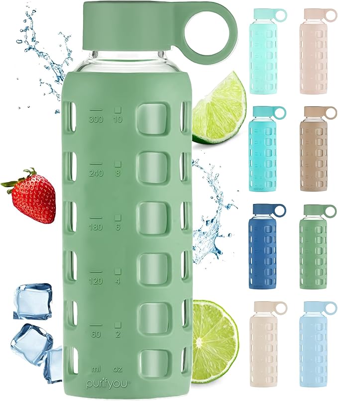 purifyou Premium 40/32 / 22/12 oz Glass Water Bottles with Volume & Times to Drink, Silicone Sleeve & Stainless Steel Lid Insert, Reusable Bottle for Fridge Water, Milk, Juice (12oz Shale Green)