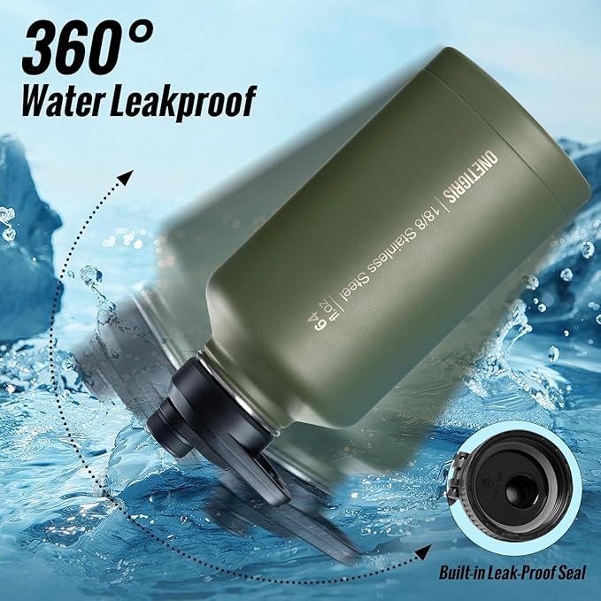 OneTigris Tactical Half Gallon Water Bottle with Straw - 64 oz Vacuum Insulated Stainless Steel Water Jug, Leakproof Sport Bottle with 3 BPA Free Lids, Paracord Handle & MOLLE Water Pouch for Outdoor