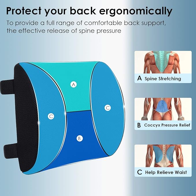 CompuClever Lumbar Support Pillow for Office Chair/Car, Memory Foam Back Cushion Pain Relief and Improve Posture, Lower Back Pillow for Gaming and Desk Chair, Couch, Adjustable Straps