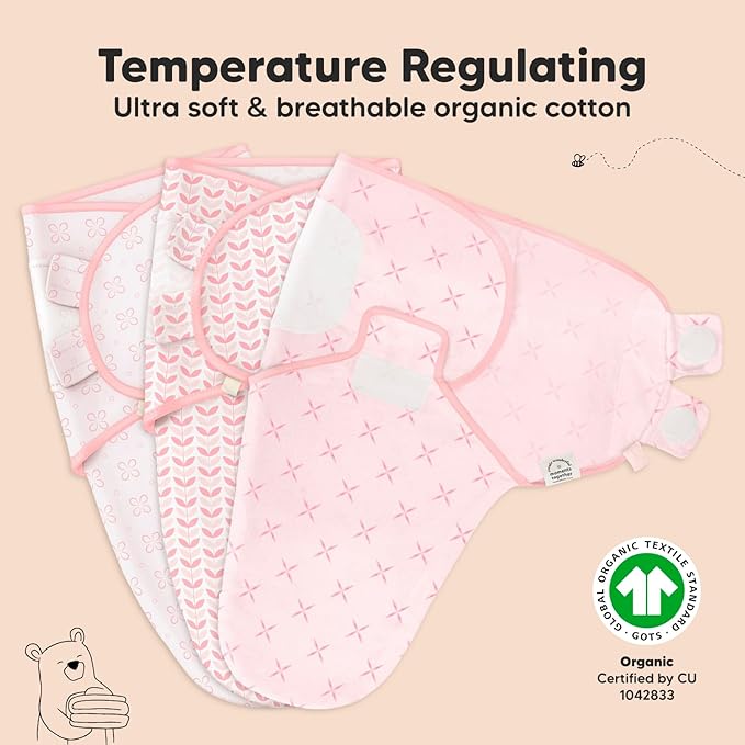 3-Pack Organic Baby Swaddle Sleep Sacks - Newborn Swaddle Sack, Ergonomic Baby Swaddles 0-6 Months, Swaddles for Newborns, Baby Sleep Sack, Baby Swaddle Blanket Wrap, Baby Essentials(Blossom Large)