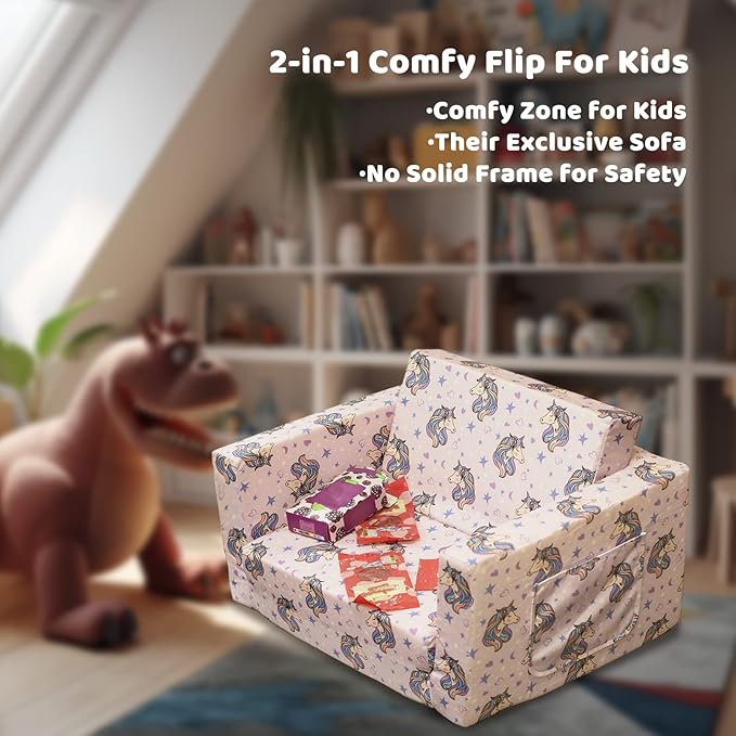 Kids Sofa, Children's 2 in 1 Convertible Relaxing Sofa to Lounger - Extra Soft Flip Open Chair & Sleeper, Cute Dinosaur Print Toddler Chairs Kids Couch for Kids Girls Boys, Polyester