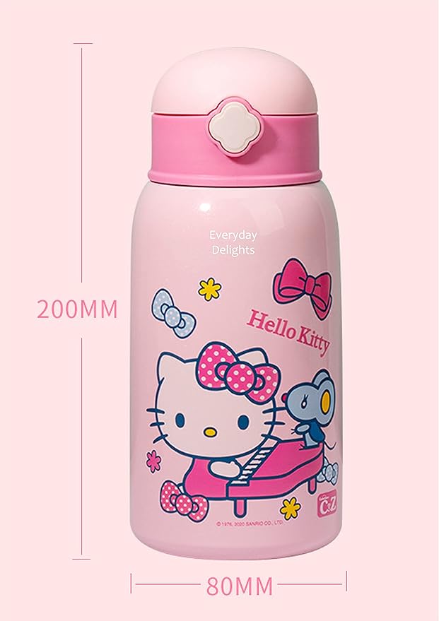 Everyday Delights Sanrio Hello Kitty Stainless Steel Insulated Water Bottle Double Covers with Cup, Straw and Bag White 600ml