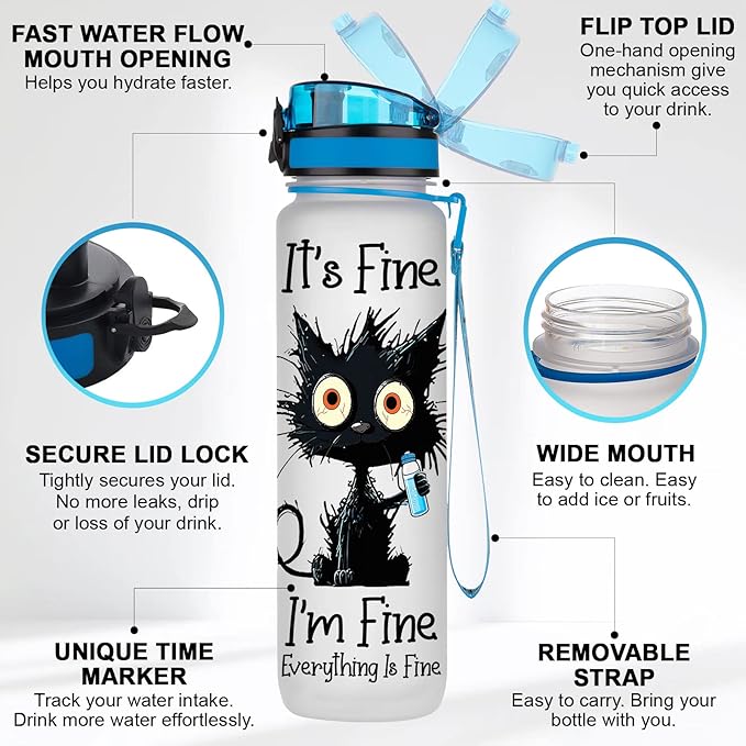 Cat Gifts, Black Cat Water Bottle 32 oz with Time Marker, It's Fine I'm Fine Cat Bottle, Cat Gifts for Cat Lovers, Crazy Cat Gifts, Gifts for Halloween