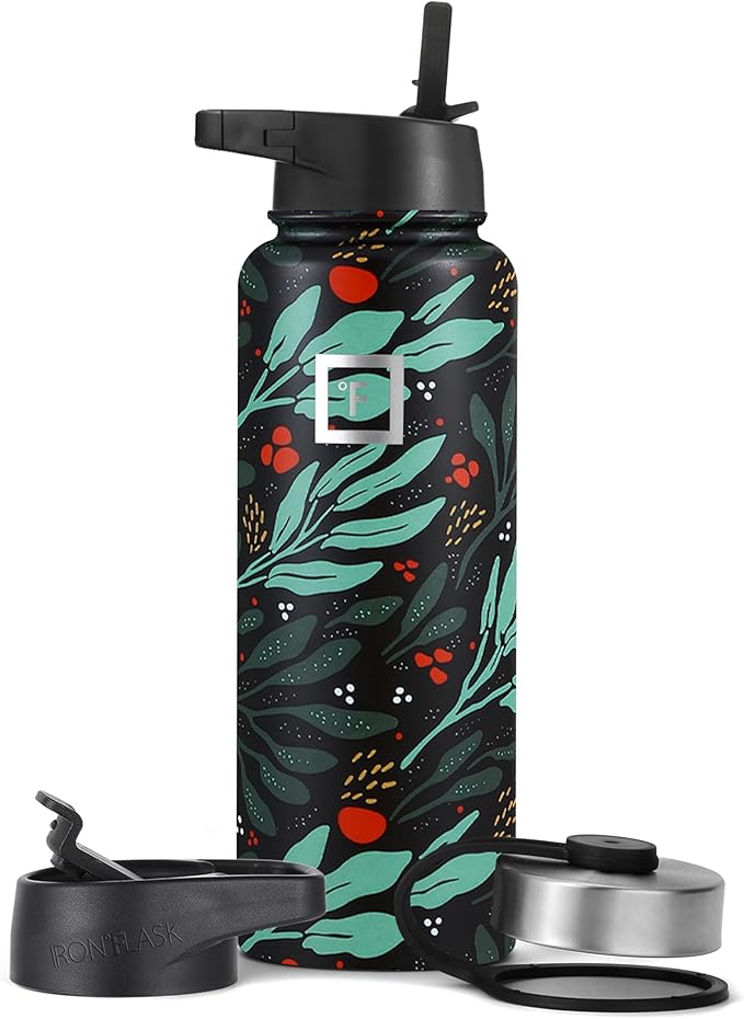 IRON °FLASK Sports Water Bottle - Wide Mouth with 3 Lids (Straw Lid) - Stainless Steel Gym & Outdoor Bottles for Men, Women & Kids - Double Walled, Insulated Thermos, Metal Canteen - Lush Leaf, 40 Oz