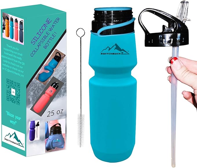 Collapsible Water Bottle (25Oz) - BPA Free Silicone Space Saving Collapse Water Bottle W/ Removable Straw | Temperature Resistant Collapsible Water Bottles For Travel And Rugged Outdoor Activities