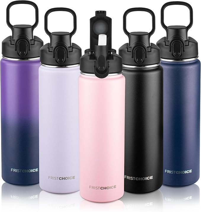 Insulated water bottle with Straw,24oz Stainless Steel Water Bottle for Adult Kids,Double Wall Vacuum Wide Mouth Insulated Water Bottle for Sports,BPA-free and Leak-proof（24oz,Pink）