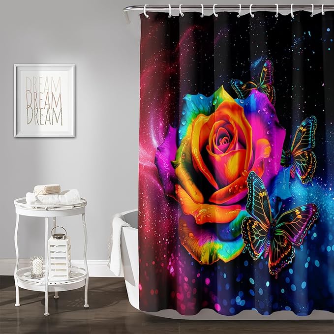 AILONEN Colorful Rose Shower Curtain for Bathroom Decor,Butterfly Galaxy Rose Flower Bath Curtain for Girls Women,Modern Romantic Curtain Waterproof with 12 Plastic Hooks, 60" W*72" H