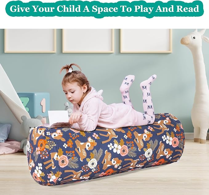 Stuffed Animal Bean Bag Storage Chair for Kids Cover Only (No Filler), Organize, Sit, Play & Boxing, 100% Cotton Canvas Washable, Ultra Soft Cylinder Long Vertical Zipper Best Gift for Child
