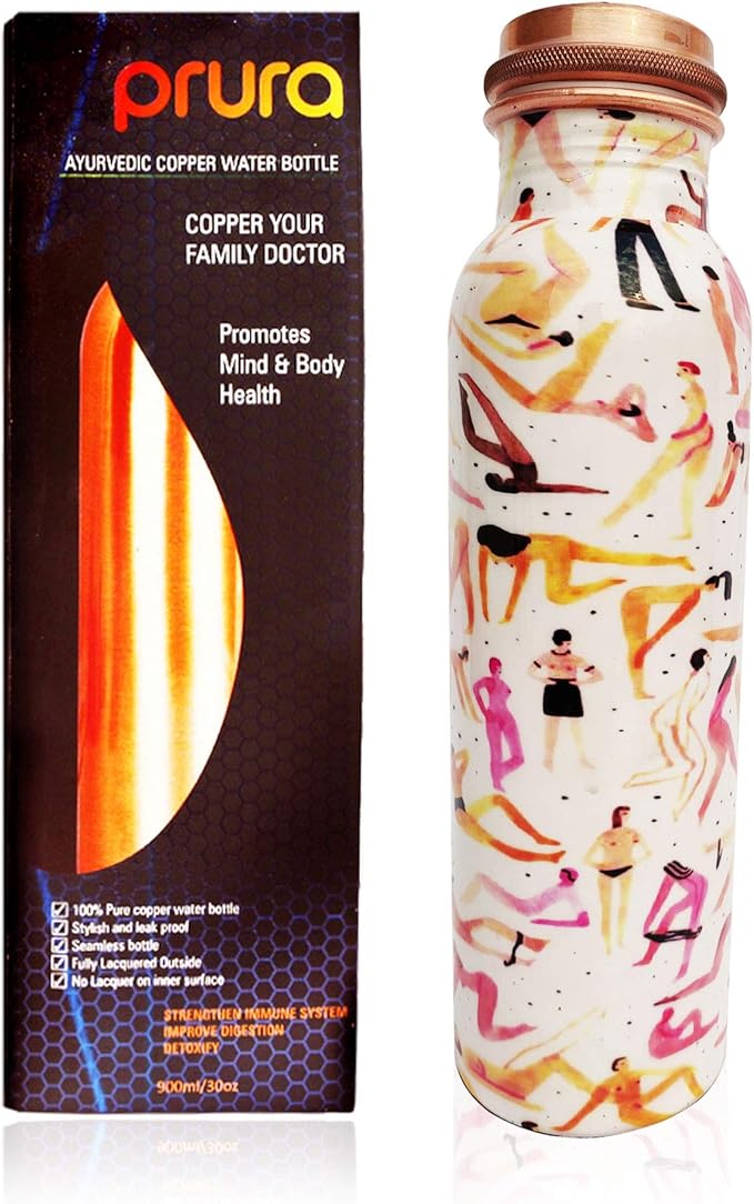 Pure Printed Copper Water Bottle - Leak Proof Ayurvedic Drinkware Copper Vessel for Sports, Gym, Outdoors, Yoga, Health Benefits (30 oz)