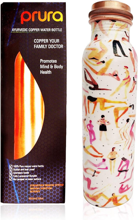 Pure Printed Copper Water Bottle - Leak Proof Ayurvedic Drinkware Copper Vessel for Sports, Gym, Outdoors, Yoga, Health Benefits (30 oz)