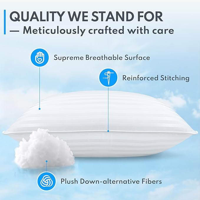 Queen Size Bed Pillow - Premium Down Alternative Cooling Pillows Set of 2 for Side, Back, and Stomach Sleepers Hotel Quality Fluffy Soft Microfiber Fill Breathable Skin-Friendly