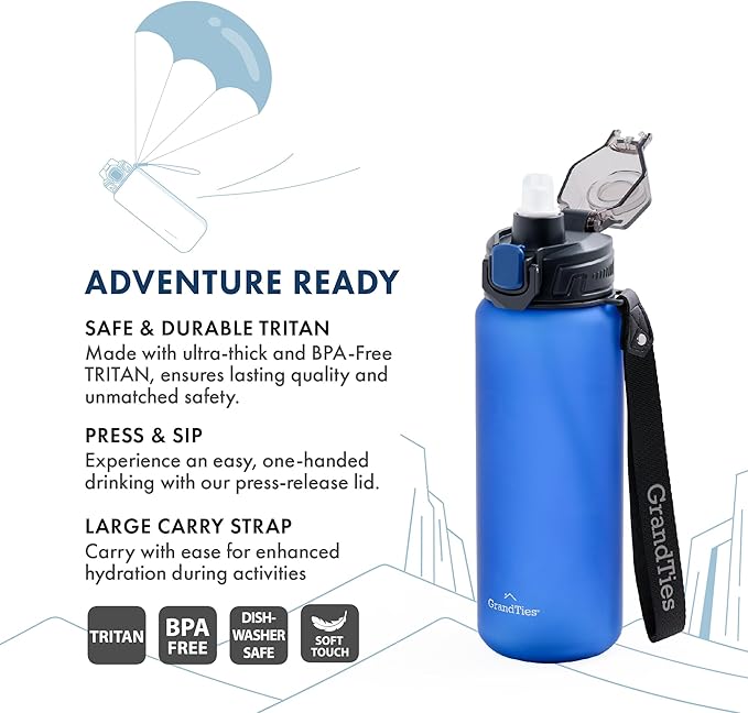 GRANDTIES Sports Tritan Plastic Water Bottle with Straw, Removable – Leakproof BPA Free Dishwasher Safe Travel Water Bottle with Strap for Gym, Outdoor, Fitness (Frosted Navy, 28oz (800mL))