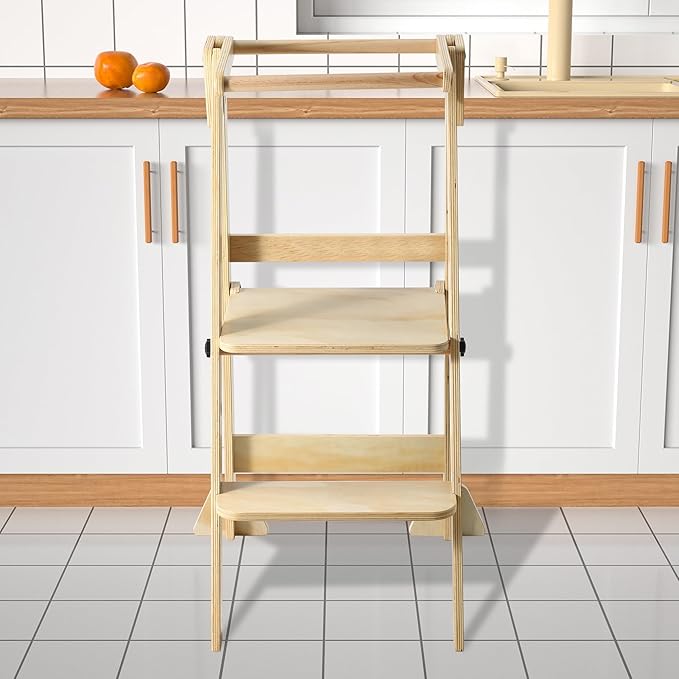 Folding Toddler Step Stool, Wooden Montessori Toddler Tower, Kitchen Tower, Kids Step Stool Toddler Tower for Toddlers and Kids 2-6 Years.