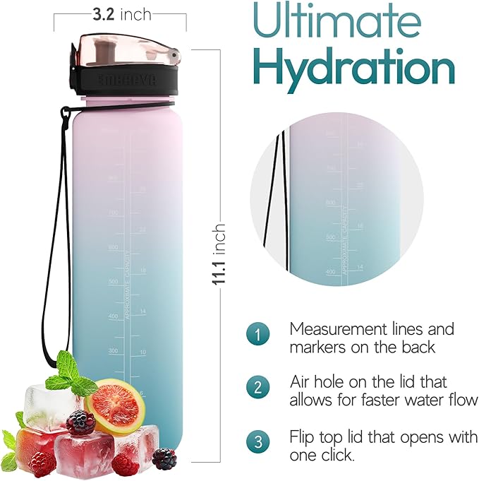 Embrava Sports Water Bottle - 32oz Large - Fast Flow Quick Sip Lid - BPA & BPS Free - Leakproof, Flip Top - Lightweight & Sturdy Tritan Plastic - Strainer for Fruit & Ice