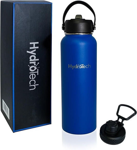 HydroTech Stainless Steel Leak Proof Water Bottle with Double Wall Insulation and 2 Lids (Straw Lid) - 40 OZ. (Deep Blue)