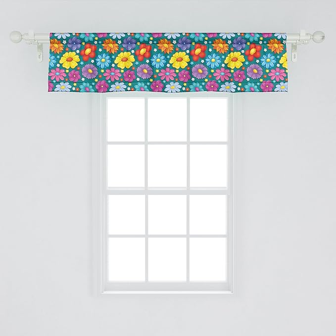 Ambesonne Flower Window Valance, Art Blooming Daisy Peony Lily with Colorful Petals Spring Garden Scenario Print, Curtain Valance for Kitchen Bedroom Decor with Rod Pocket, 42" x 12", Teal Multicolor