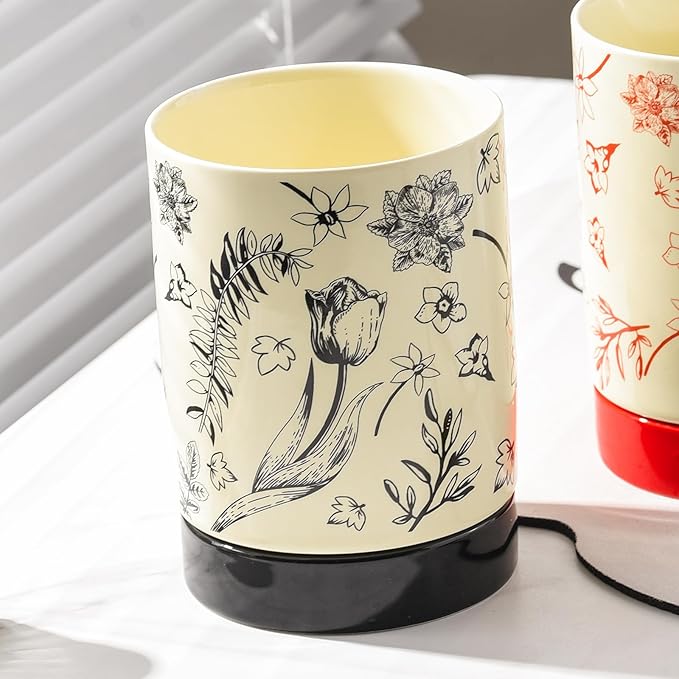 Small Utensil Holder for Kitchen Counter H5.9 x W4.1”, Ceramic Floral Cooking Utensil Crocks Countertop Organizer with Flowers