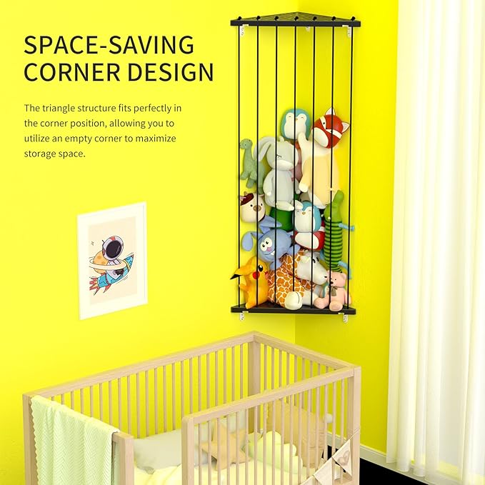 Stuffed Animal Storage Toy Organizer: Corner Stuff Animals Holder for Wall with LED Light - Kids Plush Toys Storage with Adjustable Length for Nursery Playroom Bedroom Kids Room(Black)