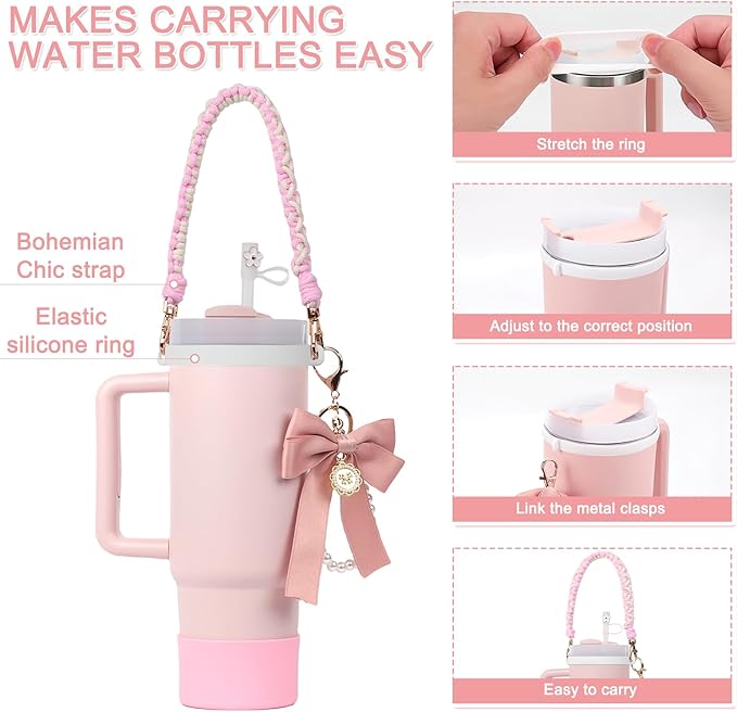 Stanley Cup Accessories Set- Water Bottle Handle Strap, Stanley Cup Protective Silicone Boot, Bow Design Stanley Charms for Stanley Cup 40oz /30 oz Tumbler (pink)