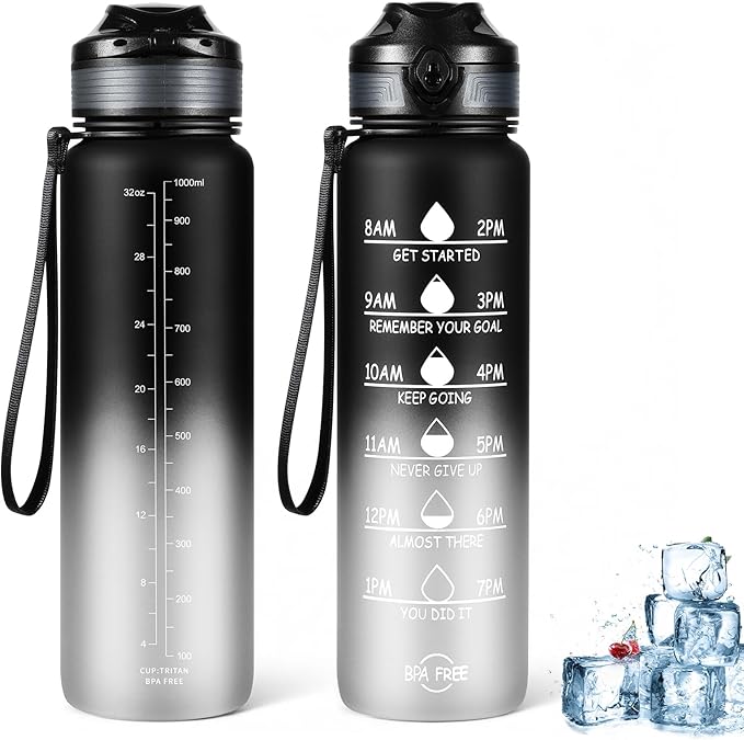 Water Bottle 32 oz, Motivational Sports Water Bottles Tritan BPA Free Water Bottle No Straw With Time Marker, Wide Mouth Leakproof Water Bottle with Strap for Gym Fitness Hiking Bike Camping - Black