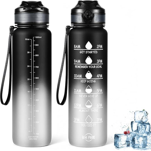 Water Bottle 32 oz, Motivational Sports Water Bottles Tritan BPA Free Water Bottle No Straw With Time Marker, Wide Mouth Leakproof Water Bottle with Strap for Gym Fitness Hiking Bike Camping - Black