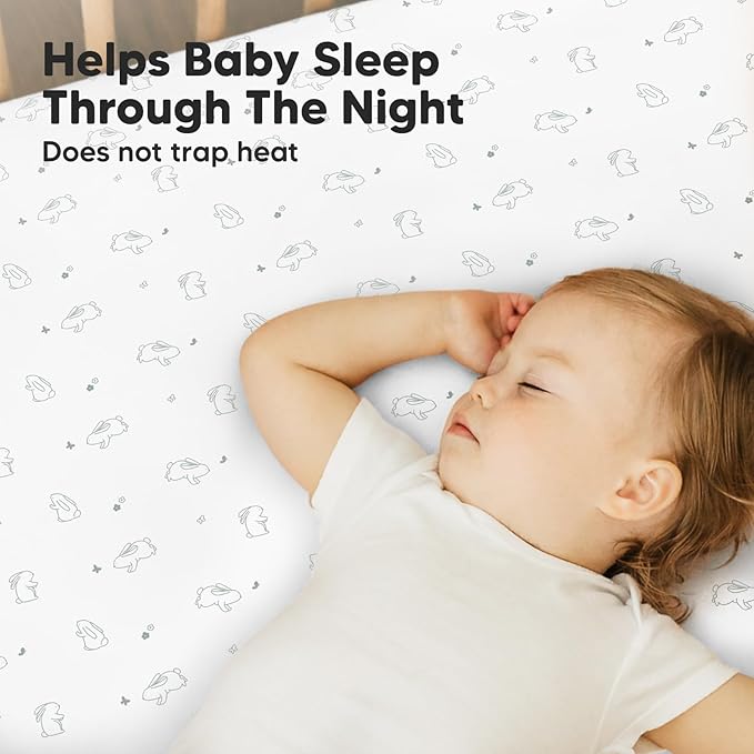 Pack and Play Sheets Fitted, 2-Pack Mini Crib Sheets - Pack N Play Sheets, Organic Fitted Crib Sheet for Pack and Play Mattress, Playard Baby Crib Sheets, Crib Sheets Neutral for Boys, Girls(Bunnies)