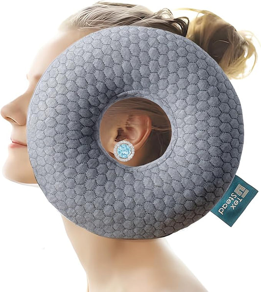 Ear Pillow with Ear Piercing for Side Sleeping, Ear Hole Memory Foam Pillows for CNH and Ear Pain Ear Inflammation Pressure Sores, Travel, Gray