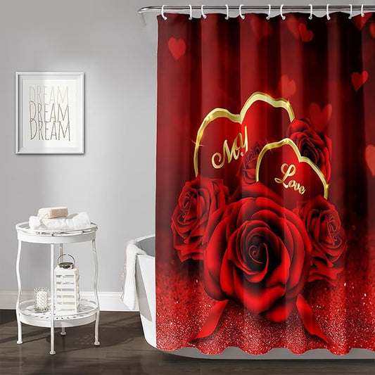 AILONEN Red Rose Shower Curtain for Bathroom, Romantic Flower Rose 3D Printed Valentine Wedding Bathroom Curtain,72" W*84" H Polyester Waterproof Bath Curtain with 12 Hooks
