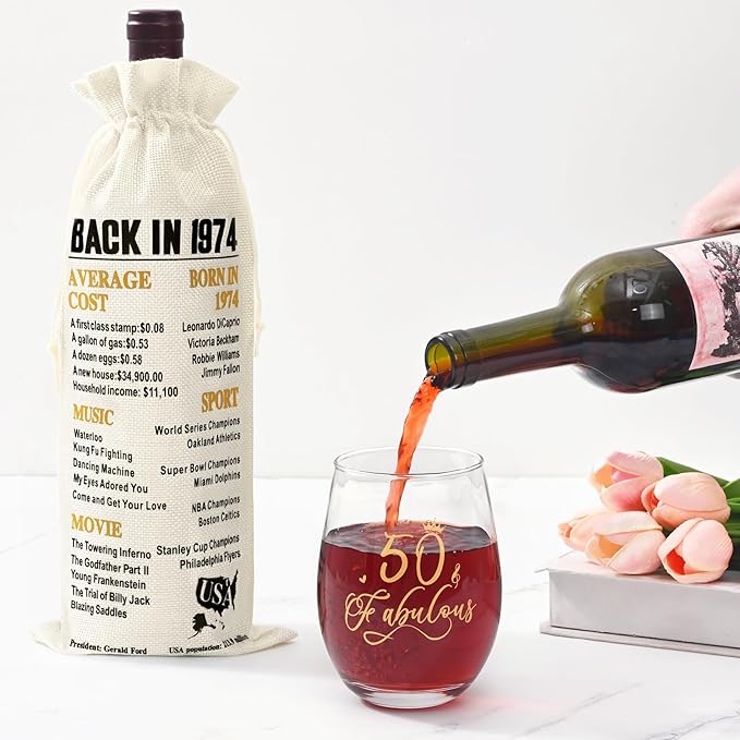 DAZLUTE 50th Birthday Gifts for Women, 50 & Fabulous Wine Glass with 1 Pack Reusable Burlap Wine Bag, 50 Year Old Wine Glass Birthday Gift for Women Mom Friend Sister Wife Aunt Grandma, 17 Oz Gold