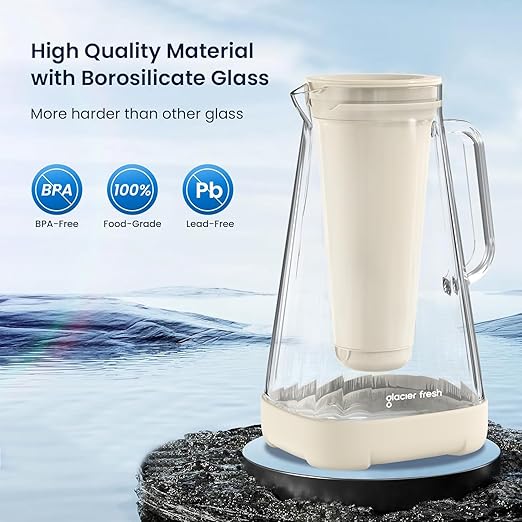 GLACIER FRESH Glass Water Pitcher for Tap and Drinking with Membrane and Upgraded Activated Filter, Reduces Chlorine and Lead Taste, Upgraded Materials, Improved the flow rate 1.6 times, 10 Cup, White