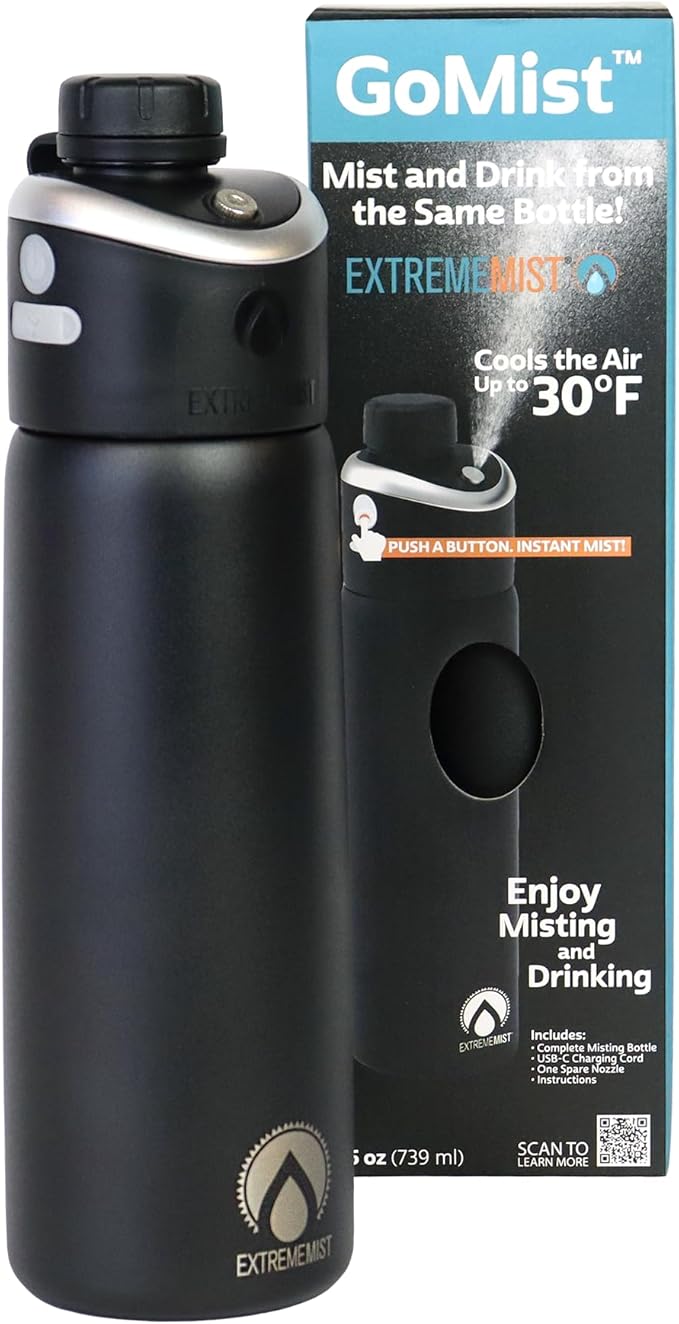 Extreme MIST - GoMist Misting & Drinking Bottle - Personal Mister - Cooling Water Bottle w/Easy-Drink Spout - Stainless-Steel Double Wall Insulated - Portable Mist Bottle - Midnight Black, 25oz/750ml