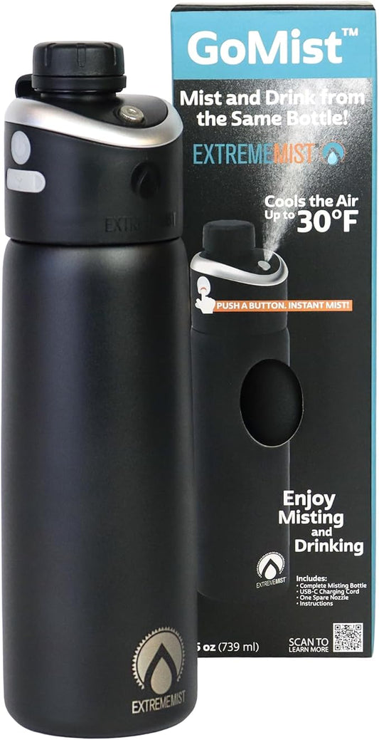 Extreme MIST - GoMist Misting & Drinking Bottle - Personal Mister - Cooling Water Bottle w/Easy-Drink Spout - Stainless-Steel Double Wall Insulated - Portable Mist Bottle - Midnight Black, 25oz/750ml