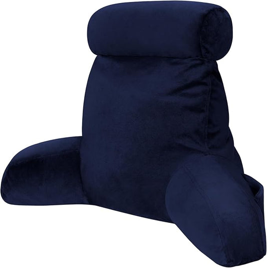 COOLBEBE Reading Pillow for Bed Backrest Pillow for Bed Sitting Up Adult with Arms Navy Back Support Pillow with Headrest & Pockets, Removable Washable Cover and Detachable Neck Roll(Standard 18")