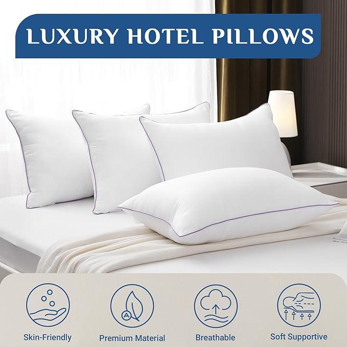 JOLLYVOGUE Pillows King Size Set of 4, Bed Pillows Set of 4, Cooling and Supportive Pillows with Super Soft Down Alternative Fill, Luxury Fluffy Hotel Quality for Side, Back, and Stomach Sleepers