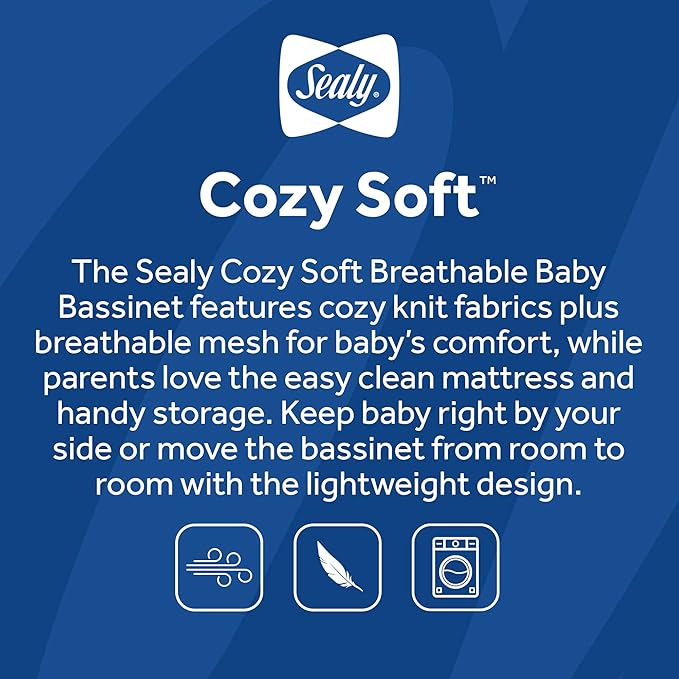 Sealy Cozy Soft Breathable Airy Mesh Lightweight Baby Bassinet & Bedside Sleeper, Newborn Bedside Bassinet for Baby, Portable Bassinet, Stand-Alone or Bedside Sleeper