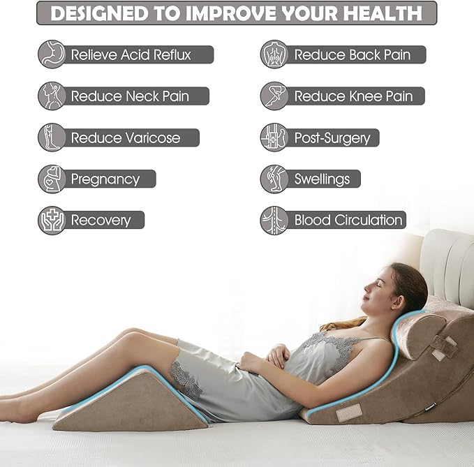 Ganaver 4 Pcs Orthopedic Bed Wedge Pillow Set – Post Surgery, Relaxing, Back & Adjustable Head Support Cushion – Triangle Memory Foam Pillow for Acid Reflux, Sleeping, Reading (Light Brown)