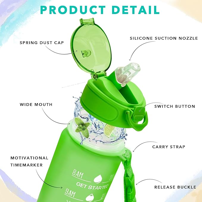 Enerbone 32 oz Drinking Water Bottle with Times to Drink and Straw, Motivational with Carrying Strap, Leakproof BPA & Toxic Free, Ensure You Drink Enough Water for Fitness Gym Outdoor
