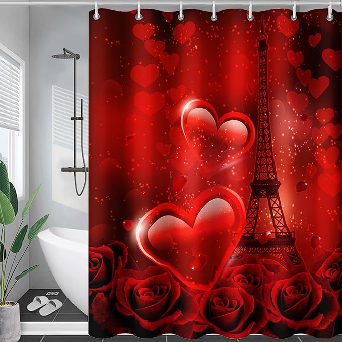AILONEN Red Rose Shower Curtain for Bathroom, Romantic Eiffel Tower Love Hearts Printed Bathroom Curtain,72" W*84" H Polyester Waterproof Bath Curtain with 12 Hooks