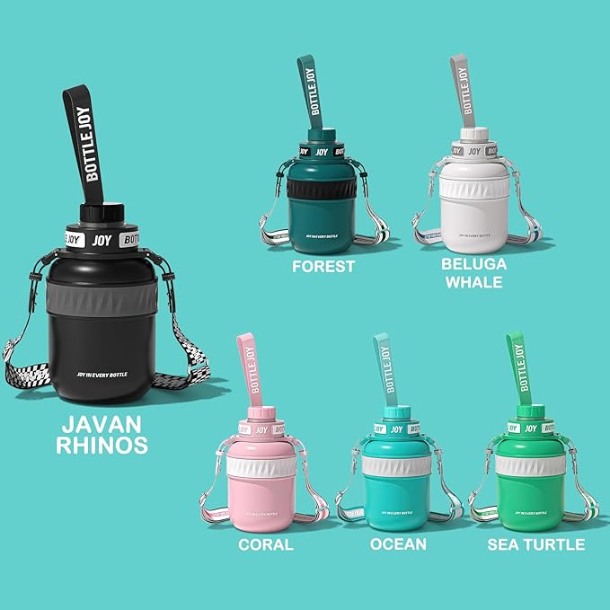 Stainless-Steel Water Bottle: Leakproof Lid, Perfect Sip, Double Insulated, Eco-Friendly, Dishwasher Safe & Stylish Strap (Javan Rhinos, 32 oz)