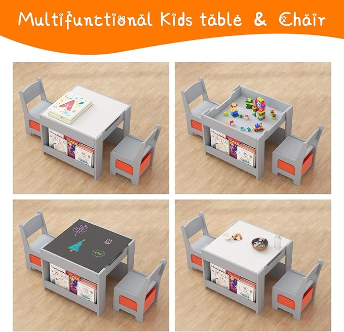 Kids Table and Chair Set, 4 in 1 Wooden Activity Table & 2 Chairs with Storage Drawer Detachable Tabletop for Toddlers Kids Drawing, Reading, Crafts, Art,Homework, Nursery, Playroom