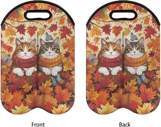 doginthehole Cute Cats Wine Bottle Holder 2 Bottle Wine Carrier Tote Bags Fall Maple Leaves Portable Champagne/Water Bottle/Beer Carriers Bag Case for Travel, Picnic, Party, Thanksgiving Day