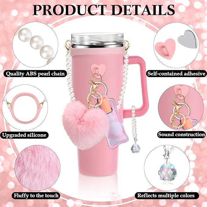 Water Bottle Accessories Set with Silicone Water Bottle Handle with Strap Hanging Charms Compatible with Stanley Cup(Pink)