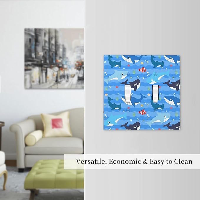 Sharks and Ocean Fish Double Toggle Light Switch Covers 2 Gang Wall Plate Dual Decorative Switchplate Electrical Faceplate for Bathroom Country Kitchen Bedroom Decor, 4.9" x 5"