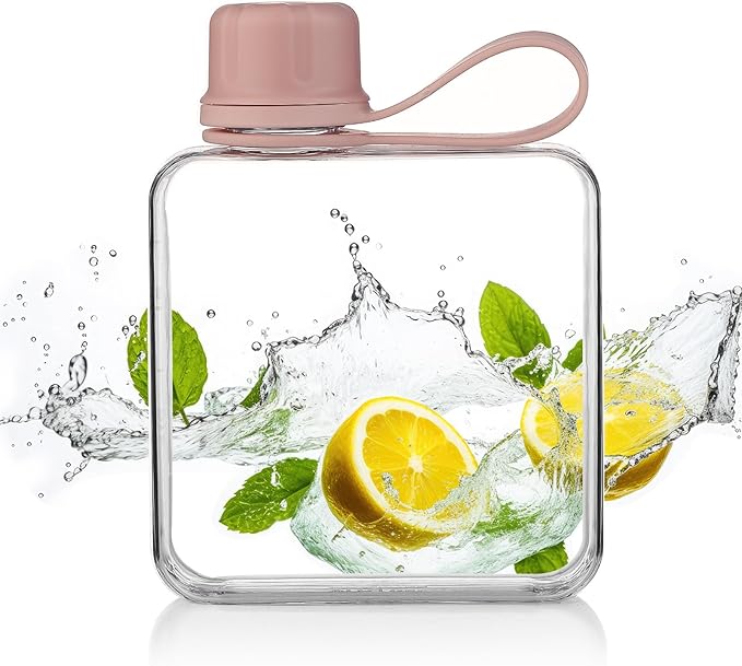 Tritan Transparent Flat Water Bottle samll Water Bottle Slim Square Pocket Bottle Water Flask, BPA Free/Slim Design/Leak Proof Water Bottle for Travel, Outdoor, Sports, Camping (Pink, 320ML)