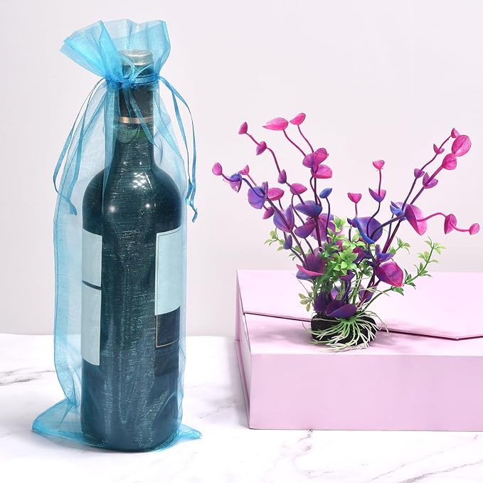 uxcell Organza Wine Bags, 12PCS 14.5 x 5.5 In Dark Blue Sheer Mesh Organza Wine Wrapping Bags With Drawstring Wine Gift Pouches for Bottle Birthday, Wedding Party