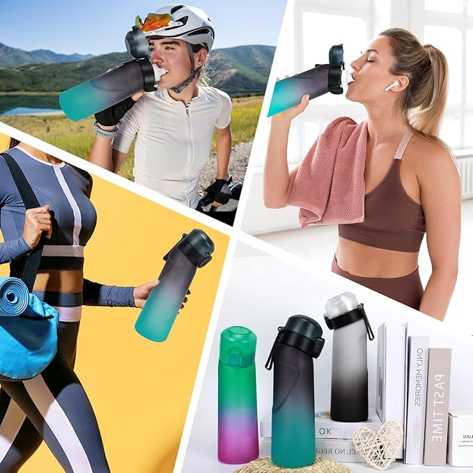 Water Bottle with Flavor Pods 21.9 Oz/650ml Fruit Fragrance Water Bottle Recyclable Sports Air Water Cup Scented Pods for Outdoor (Blue Black)