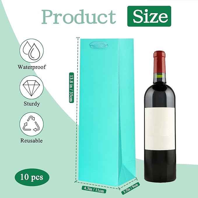 KEYYOOMY Wine Gift Bags - 10 Pack Teal Blue Kraft Paper Wine Bottle Gift Bags with Handles for Wedding Birthday Housewarming Christmas Party Supplies(10CT,13.8x4.3x3.5 IN,Teal Blue)
