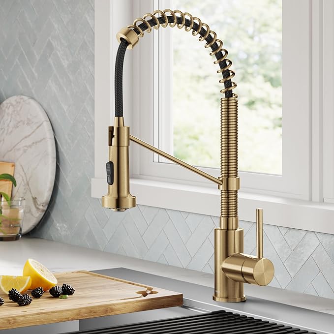 KRAUS Bolden Commercial Style Pull-Down Single Handle 18-Inch Kitchen Faucet in Brushed Brass, KPF-1610BB