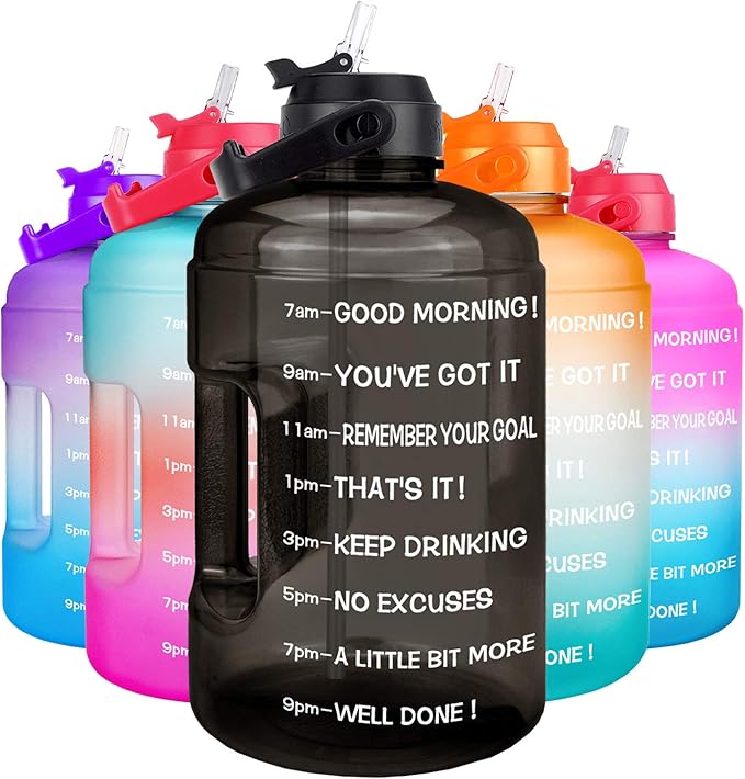 QuiFit Half Gallon Water Bottle - with Straw & Motivational Time Marker Leak-Proof BPA Free Reusable Gym Sports Outdoor Large(73OZ) Capacity Water Jug(Black,Half Gallon)